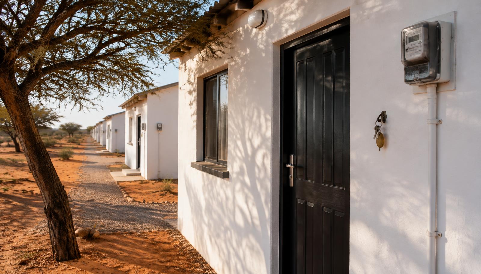 A white rental house with a utility meter and a set of keys by the door