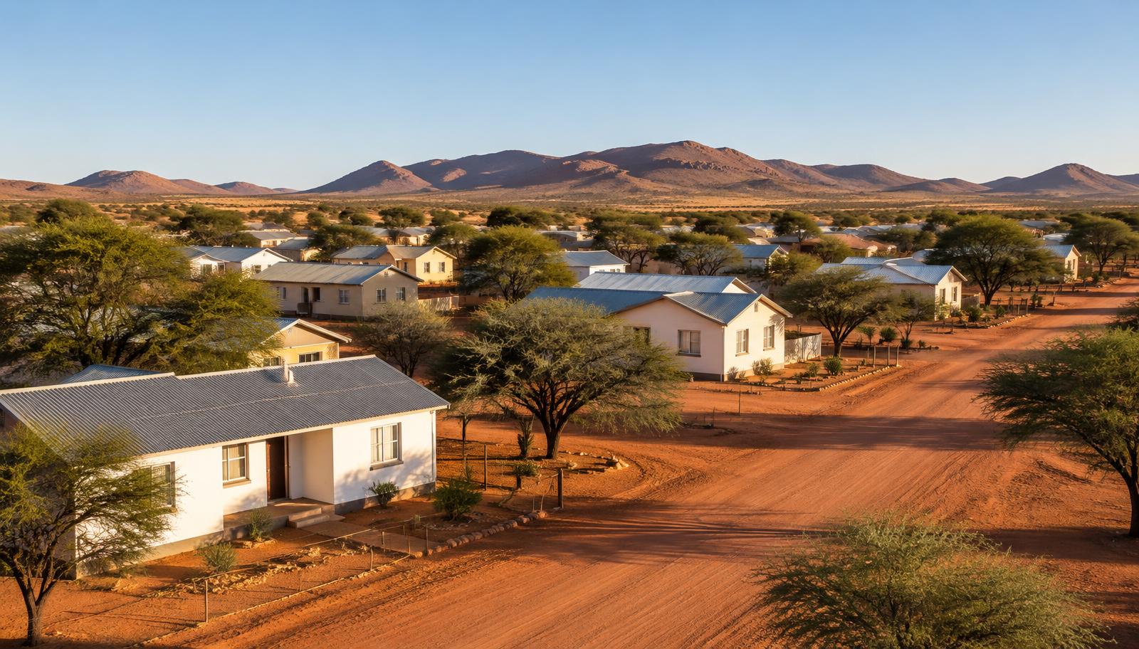 A small Northern Cape town of white houses set among red sand and camelthorn trees