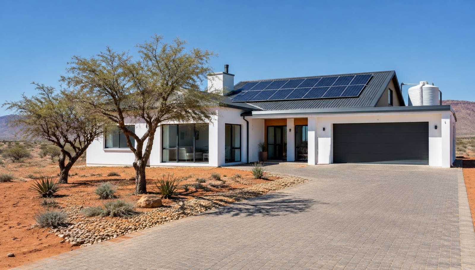 A modern white house with solar panels in a dry Kalahari setting
